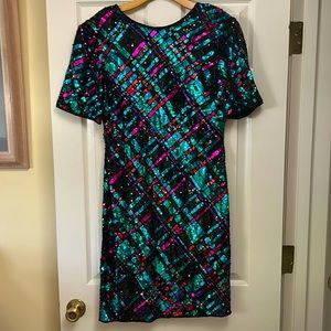 Multi colored fully pattered beaded cocktail dress.